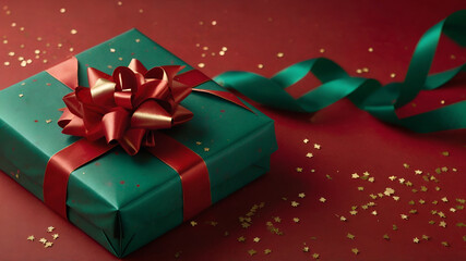 A beautifully wrapped green gift box with a vibrant red ribbon on a red background