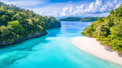 Breathtaking Aerial View of Tropical Beach with Crystal Clear Turquoise Waters and Pristine Sand