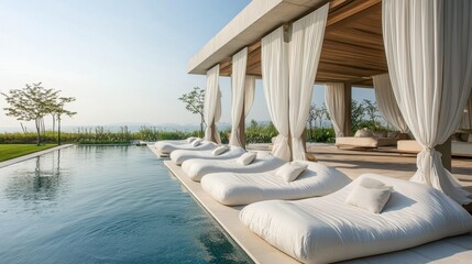 Fototapeta premium Tranquil Outdoor Lounge Area Featuring Comfortable White Chaise Lounges Beside a Serene Pool Surrounded by Nature and Soft Drapes Under a Clear Sky