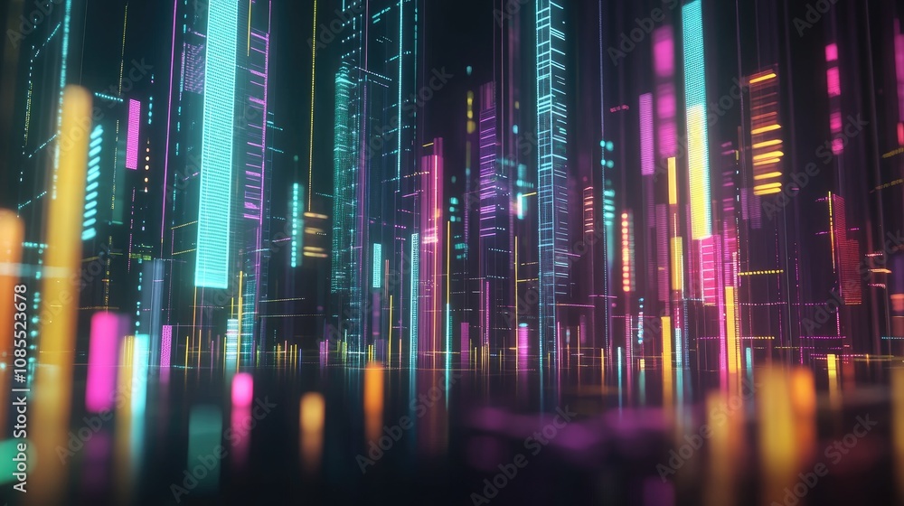 Poster futuristic cityscape with colorful neon lights and reflections in a high-tech urban environment depi