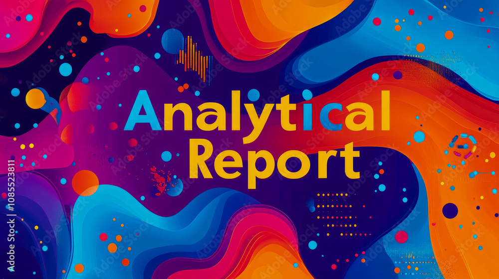 Poster vibrant abstract background with bold text stating analytical report surrounded by colorful swirling