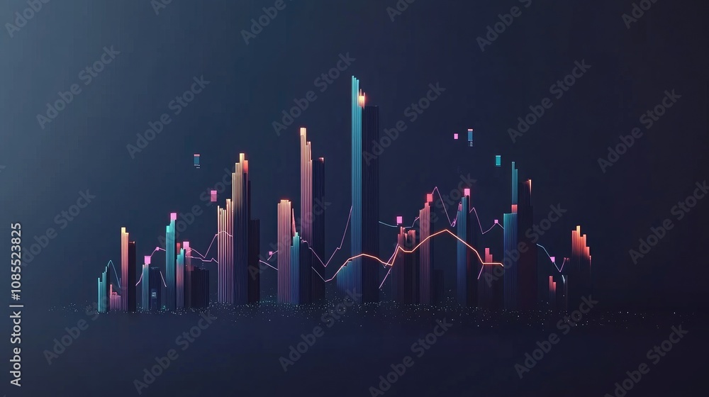 Poster abstract 3d graph visualization of market trends and data analysis with colorful bars and lines agai