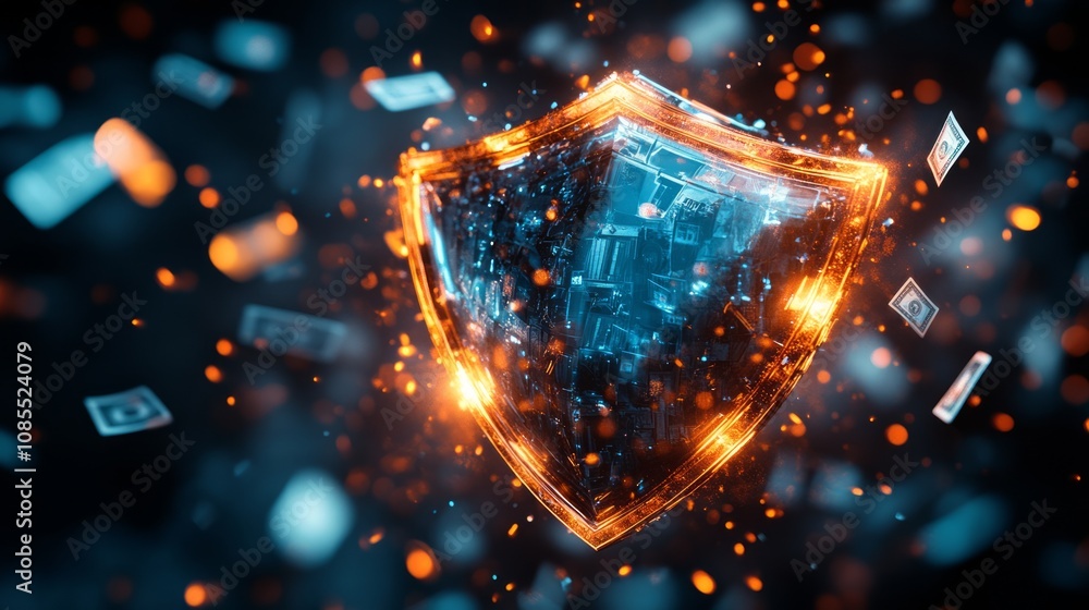 Poster a glowing shield surrounded by floating digital elements, symbolizing protection and security.