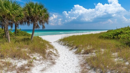 Serene Beach Pathway Leading to Crystal Clear Waters under Beautiful Blue Sky with Fluffy Clouds and Lush Green Vegetation