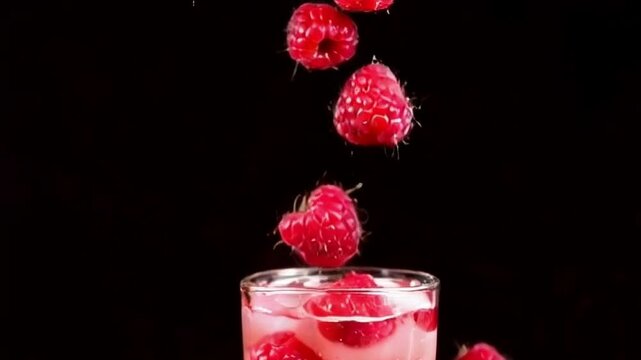fresh raspberries floating into a glass of raspberry lemonade for a natural sweetness effect, juicy raspberries shimmering as they land in a refreshing glass of raspberry lemonade