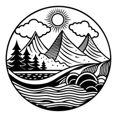 Midnight Mirage Black Landscape with River and Trees Shadowy Streams cape Mountain River in Black silhouette vector illustration