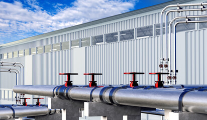 Gas pipes near industrial building. Pipeline for supplying fuel to factory. Exterior modern industrial building. Minimalistic hangar with pipes near facade. Industrial hangar under blue sky. 3d image