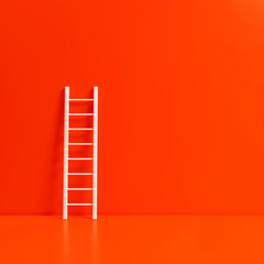 White staircase on red background. Minimalistic motivational background. Staircase symbolizes upward movement. Red wallpaper for motivation. Painter ladder is leaning against wall. 3d image