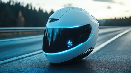 Fototapeta premium Futuristic helmet on a highway at dusk.