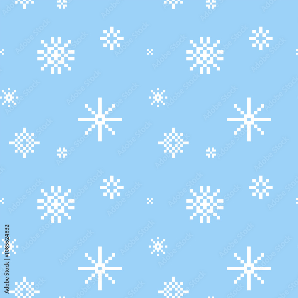 Aufkleber pixel art snowflake seamless pattern. christmas background with mosaic falling snow. vector square t