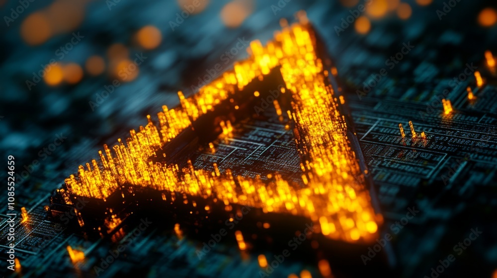 Poster a glowing triangular symbol on a circuit-like background, representing technology and innovation.