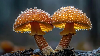 Close-Up of Vibrant Orange Mushrooms with Raindrops in Natural Forest Setting, Showcasing Unique Fungal Beauty and Intricate Details of Nature's Artwork