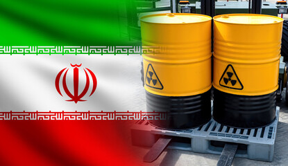 Barrels with radioactive fuel. Flag of Iran. Reservoirs with enriched uranium. Fuel production for...