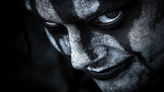 An individual with striking dark makeup displays an intriguing expression, embodying the atmosphere of a night filled with mystery at an event
