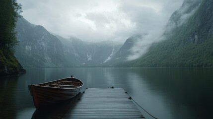 Obraz premium Serene Lake Scene with a Wooden Boat Tethered to a Pier Amidst Fog and Mountains in a Tranquil Landscape
