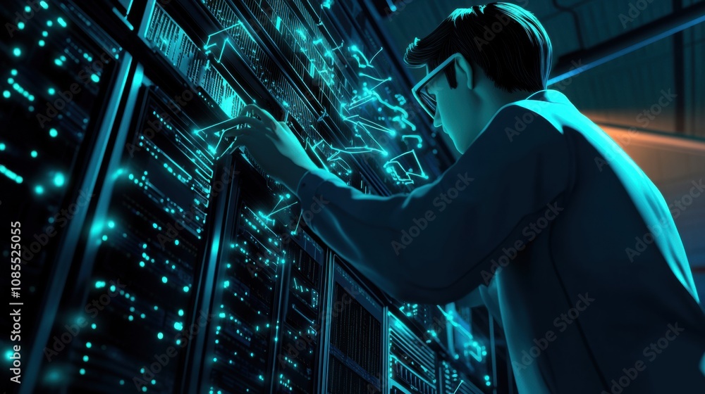 Poster a focused technician in a high-tech environment works on server hardware, analyzing data flow and co