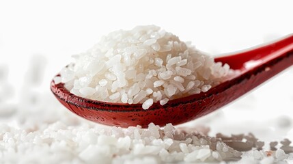 Close-up of white salt grains in a red spoon on a bright background.