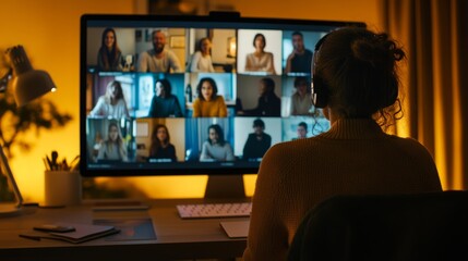 A person sits in front of their computer screen, with multiple people on the screen talking to each other through a video conference call