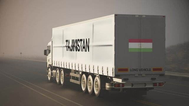 Logistics and Transportation Truck Lorry with Flag and Text on Trailer Tajikistan