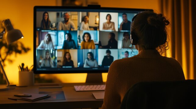 A person sits in front of their computer screen, with multiple people on the screen talking to each other through a video conference call