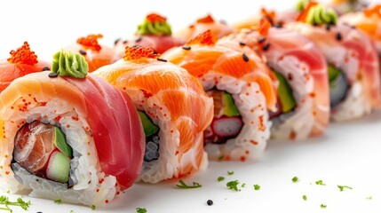 Delicious sushi roll with fresh salmon, avocado, and colorful toppings, perfect for dining.
