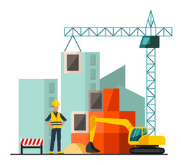 Construction Site vector illustration. Building machinery and construction worker. Real Estate and Housing Development.