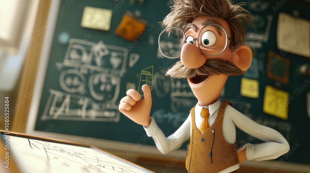 Poster whimsical cartoon scientist in a classroom expressing excitement over a new discovery with chalkboar