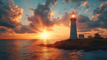A serene lighthouse stands against a vibrant sunset over the ocean, illuminating the coastline. © ratcha