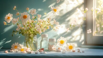 Floral arrangement with medicine bottles on a table.