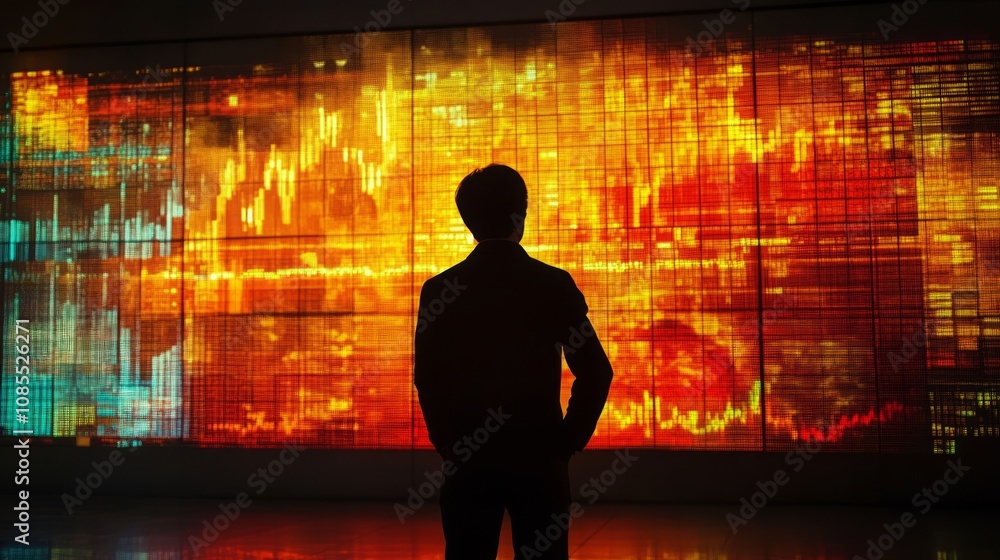 Poster a silhouette of a person standing before a vibrant digital display of data and charts.