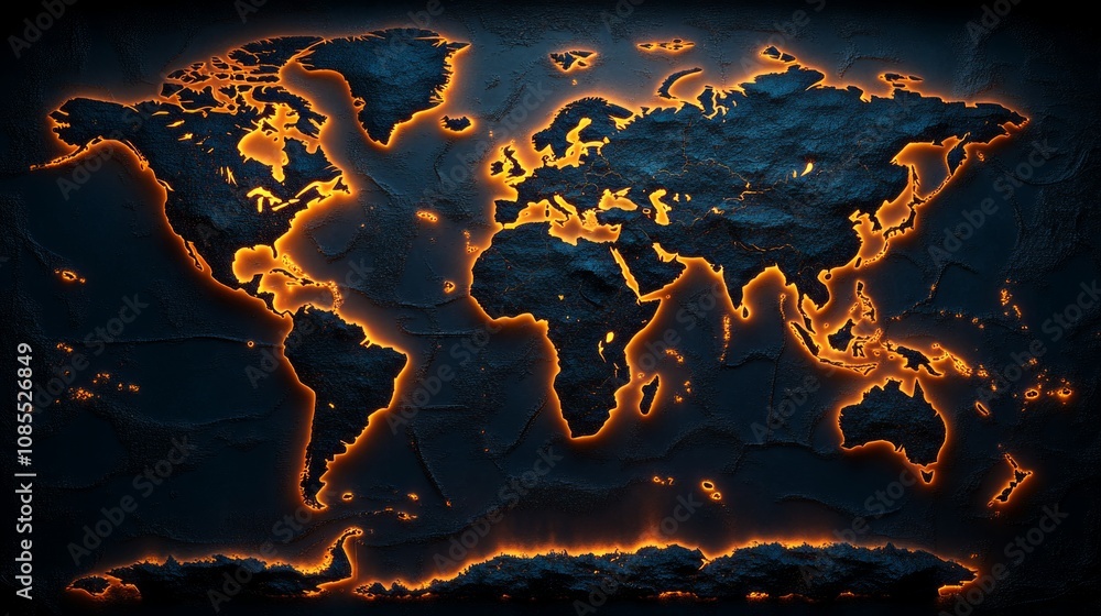 Poster a stylized world map with glowing edges, emphasizing geographical outlines and contours.