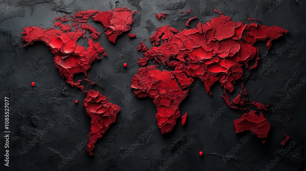 Aufkleber a textured world map in red on a dark background, symbolizing global themes or issues.