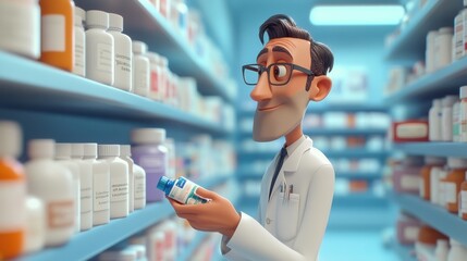 Cartoon pharmacist examining medicine bottle in a bright and organized pharmacy, showcasing health and wellness in a modern setting with numerous shelves filled with products