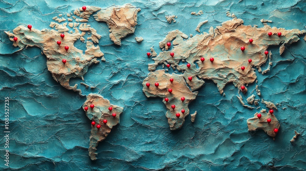 Poster a textured world map with red pins indicating various locations.