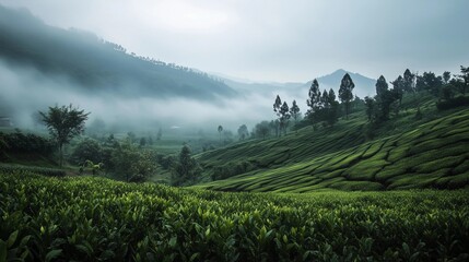 Fototapeta premium A serene tea plantation in the highlands of Indonesia, surrounded by misty mountains and lush greenery. The soft light creates a dreamlike atmosphere as it filters