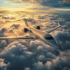 Luxury Private Jet Soaring Above Clouds with Sunlit Windows   Airplane Concept