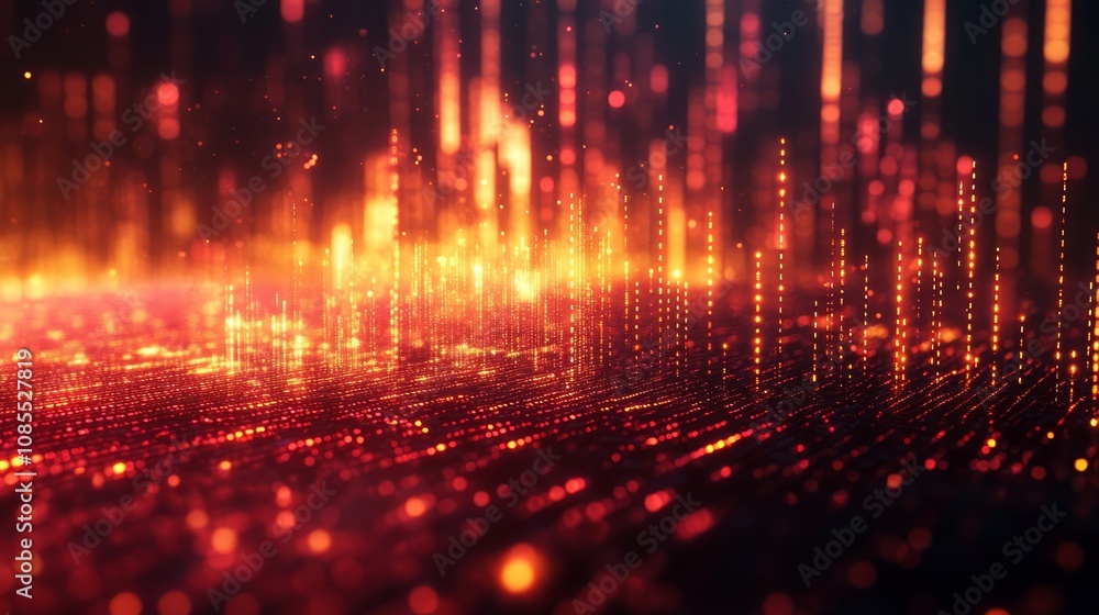Poster a vibrant, abstract digital landscape with glowing particles and lines representing data flow.