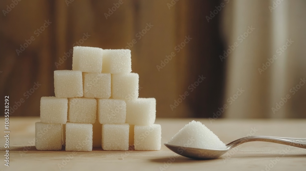 Poster white refined sugar cubes forming a pyramid and granulated sugar in a teaspoon lying on a wooden tab