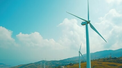 Aerial view of expansive wind farm with numerous turbines generating clean energy, symbolizing sustainable power and environmental conservation.