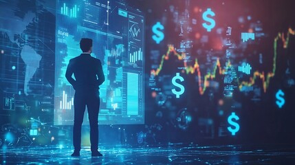 Startup Founder Overseeing Digital Loan Application with Holographic Finance Data