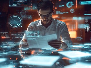 Futuristic Loan Officer Processing Business Loan Request on Holographic Interface with Virtual Documents and Financial Data