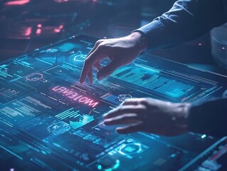 Futuristic Loan Officer Processing Business Loan Request on Holographic Interface