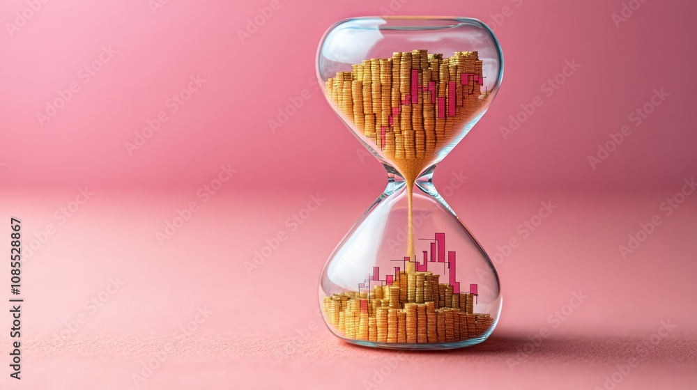 Poster an hourglass filled with colorful bars, representing time and data visualization.