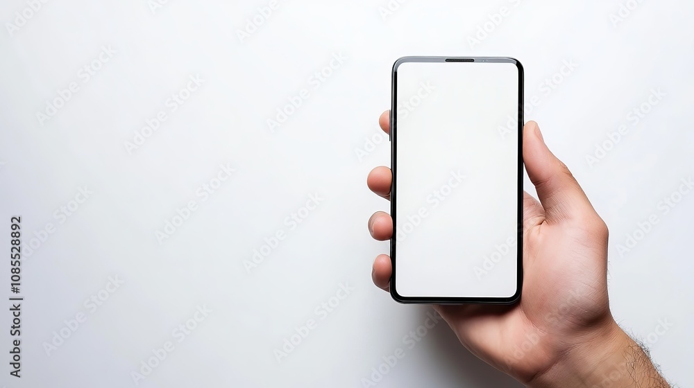 Poster man's hand shows mobile smartphone with white screen in vertical position isolated on white backgrou