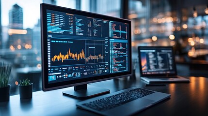 Naklejka premium Computer screens displaying data analytics and graphs.