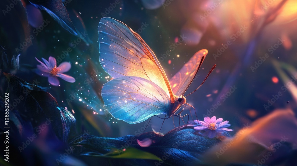 Poster enchanting scene of a colorful butterfly resting on a delicate flower amidst a magical forest settin