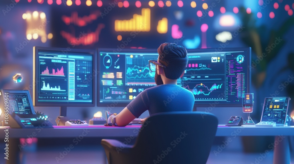 Poster focused professional analyzing data on multiple monitors in a modern office setting with colorful di