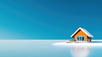A serene winter scene featuring a cozy house on a snowy landscape.