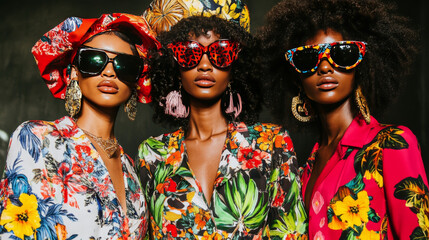 Three women in vibrant floral outfits and bold sunglasses exude confidence and style. Their colorful attire and accessories create striking, fashionable look