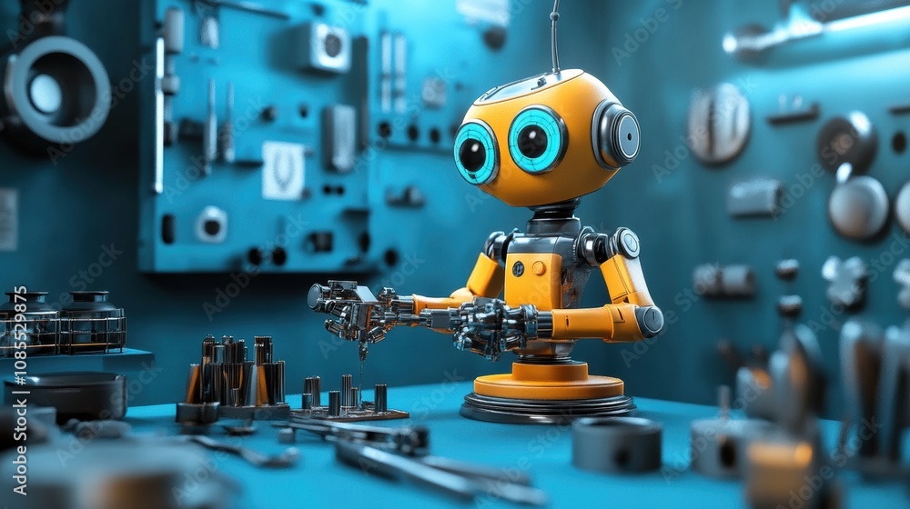 Poster playful robot working in a modern workshop setting surrounded by tools and equipment with a blue bac